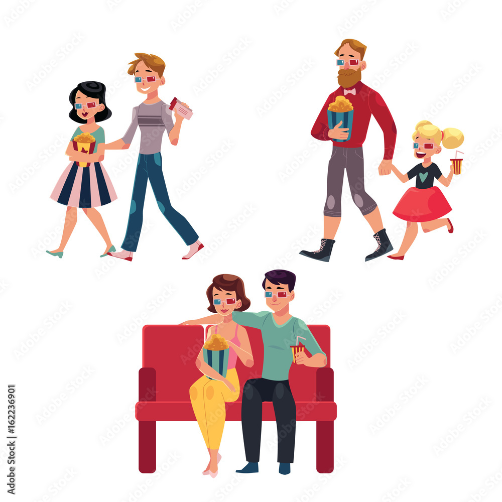 People go to cinema, movie theatre with popcorn, drinks, 3d glasses, cartoon vector illustration isolated on a white background. Couples, friends, father and daughter in 3d glasses go to cinema, movie