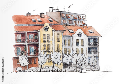 European urban landscape. European town with old and modern houses. Urban view. Watercolor illustration. Sketch