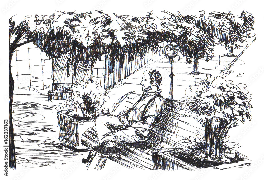 Man is sitting on bench in park. Man is resting on bench in small European town. Ink sketch.
