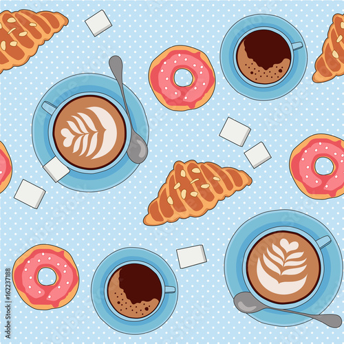 Seamless vector pattern with tea and coffee cups, cookies and pastry