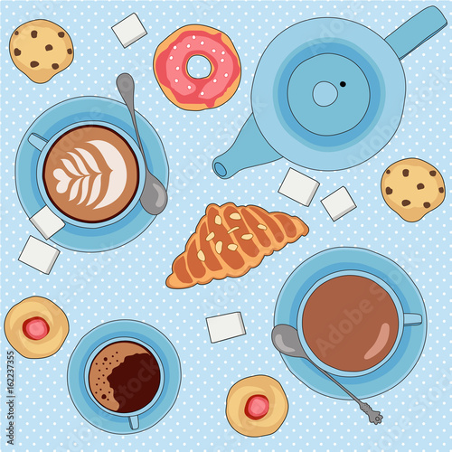 
Seamless vector pattern with tea and coffee cups, cookies and pastry