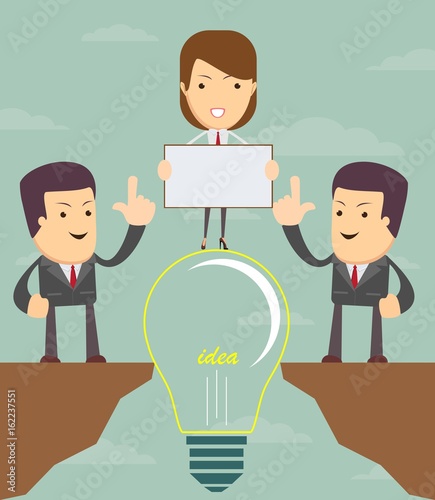 Cartoon working people cross the abyss. Doodle cute miniature scene of team on the bridge like lamp idea. Vector illustration for business design and infographic