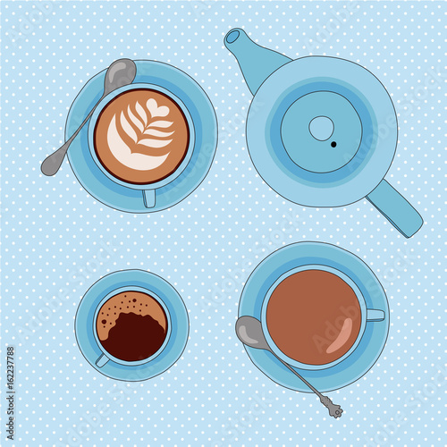 Vector illustration with tea and coffee cups, and tea pot
