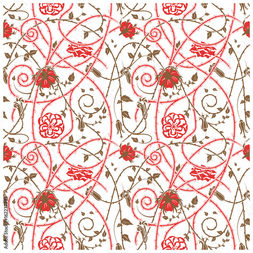 medieval floral pattern on a white background. Braided ornaments and swirls. Thorny plant elements over all the composition. 