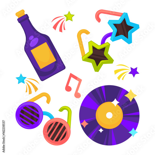 Bright disco set of funny glasses, vynil record and bottle