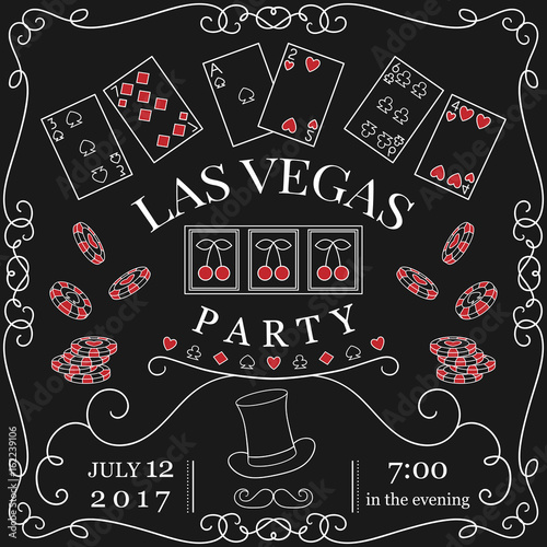 Las Vegas party invitation on chalkboard with decorative elements. Vintage vector illustration