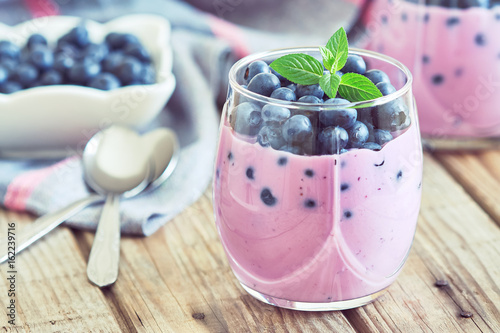 Blueberry yogurt served with fresh blueberries and mint leaves
