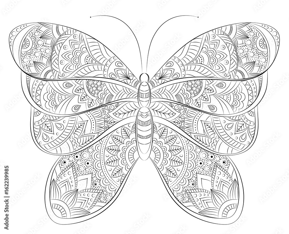 Vector doodle zentangle butterfly banner. Wish, congratulations ...