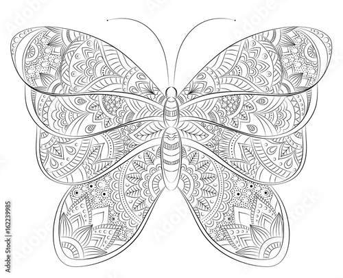Vector doodle zentangle butterfly banner. Wish, congratulations, postcard. Template for printing, web design, poster, banner, flyer. Adult anti stress printable coloring book page