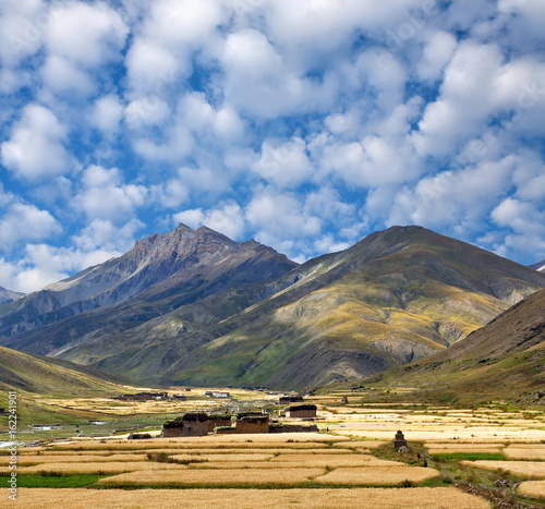Tibetan village over fields in Dolpo, Nepal