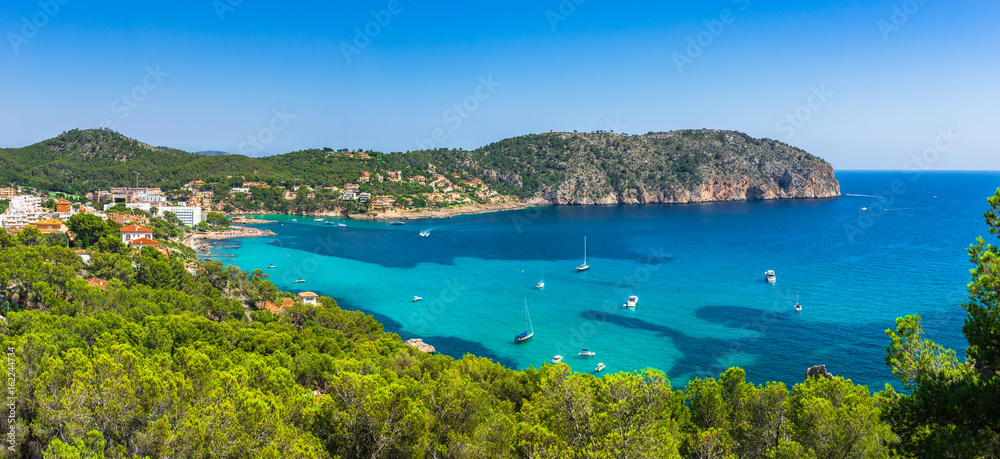 Panorama view of the beautiful seaside bay of Camp de Mar, Majorca island Spain