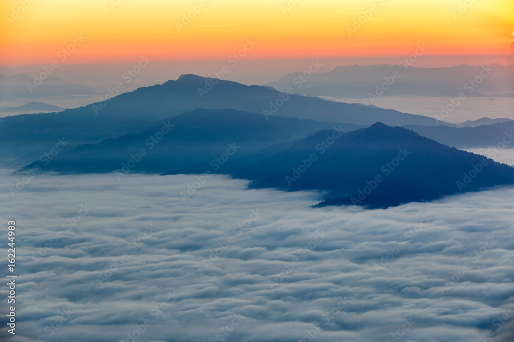 Landscape with the mist at Pha Tung mountain in sunrise time, Chiang Rai, Thailand.