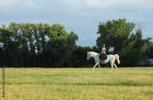 Girl riding her white arabian horse at sunset meadow 