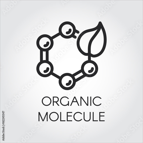 Line icon of leaf and molecular compound symbolizing organic technology. Simplicity black emblem of science, nature and chemistry theme. Vector logo