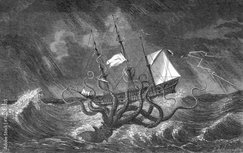 Kraken attacking ship during a storm. Date: circa 1700 photo