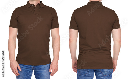 T-shirt design - young man in blank brown polo shirt from front and rear isolated