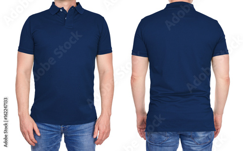 T-shirt design - young man in blank dark blue polo shirt from front and rear isolated photo