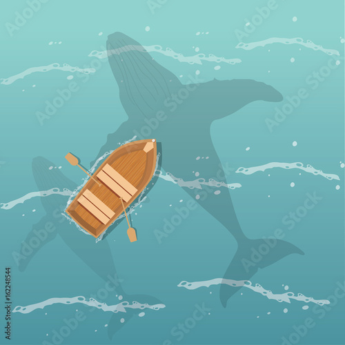 Flat seascape with boat and whale top view