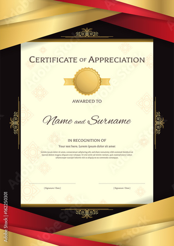 Portrait luxury certificate template with elegant golden border frame, on Thai background, Diploma design for graduation or completion