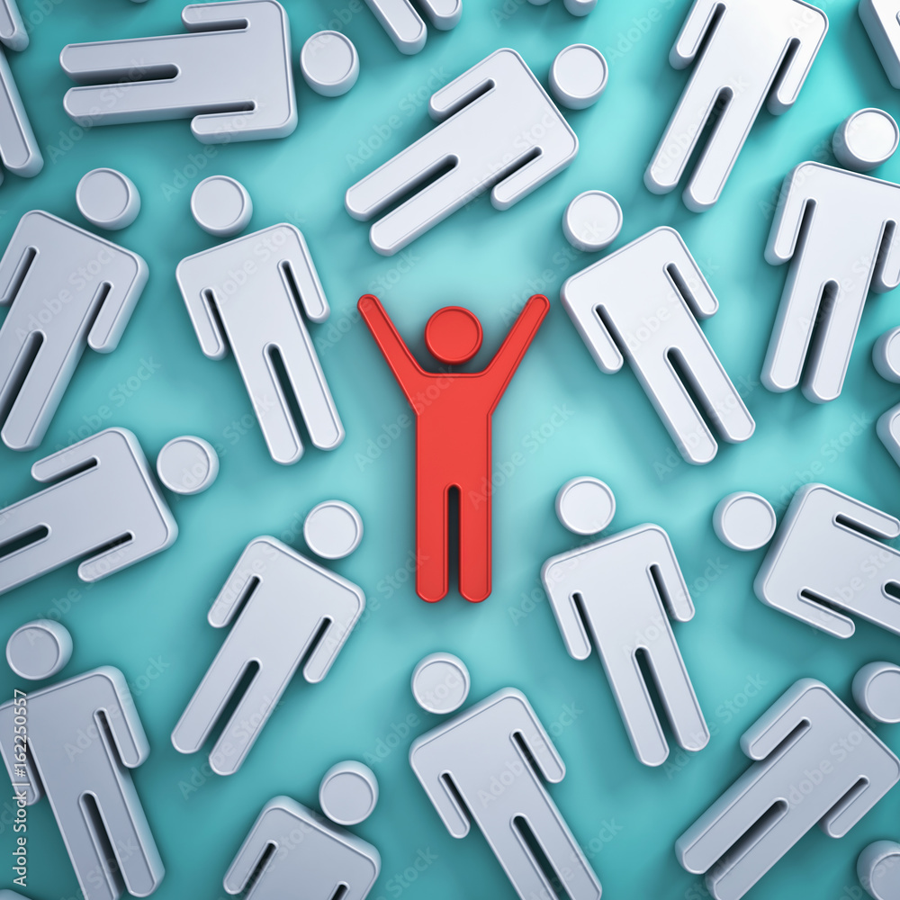 Stand out from the crowd and different creative idea concepts , One red man with arms wide open among other white people on green background with reflections and shadows . 3D rendering. Stand out from the crowd and different creative idea concepts , One red man with arms wide open among other white people on green background with reflections and shadows . 3D rendering.