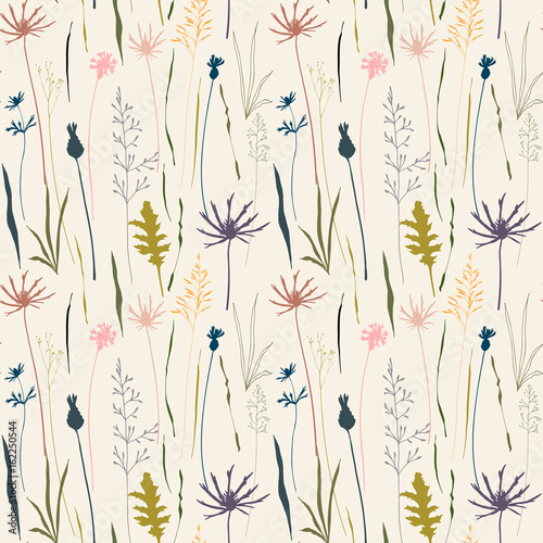Vector floral seamless pattern with wild meadow flowers, herbs and grasses.