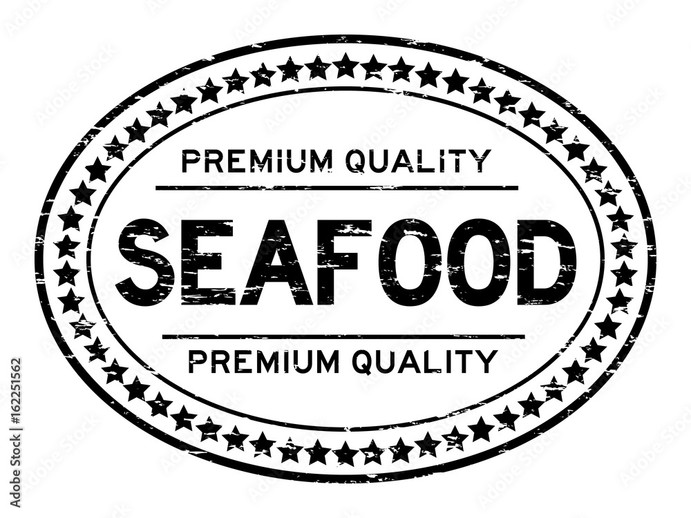 Grunge black premium quality seafood oval rubber seal stamp on white background