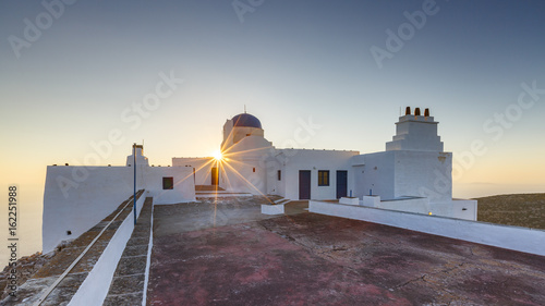 Church of Agios Symeon above Kamares village at sunset. 