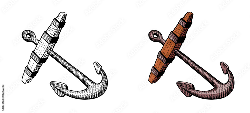 old anchor for sailing ship, hand ink drawing, vector illustration Stock  Vector