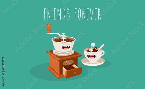 Breakfast. Funny characters coffee, croissant, donut. Best friends set. Vector illustration