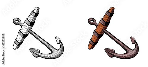 old anchor for sailing ship, hand ink drawing, vector illustration