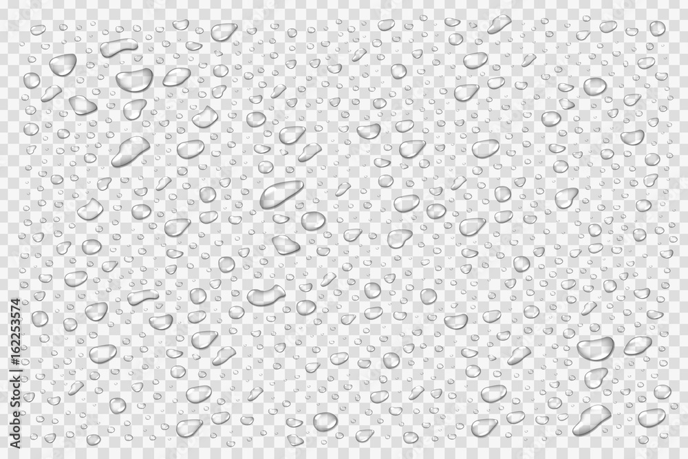 Vector set of realistic isolated water droplets on the transparent background. - obrazy, fototapety, plakaty 