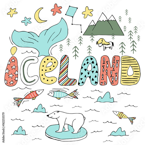 Cute Iceland hand drawn cartoon map. Vector illustration with travel landmarks, animals and natural phenomena.