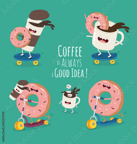 Cartoon comic coffee cup and donut. Take coffee and donut with you. Vector cartoon illustration. Coffee to go.