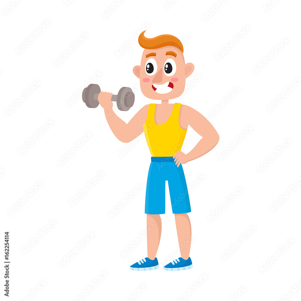 Young man training biceps with dumbbell, doing sport exercises in gym,  cartoon vector illustration isolated on white background. Cartoon man, guy  doing fitness, weightlifting, bodybuilding in gym Stock Vector | Adobe Stock