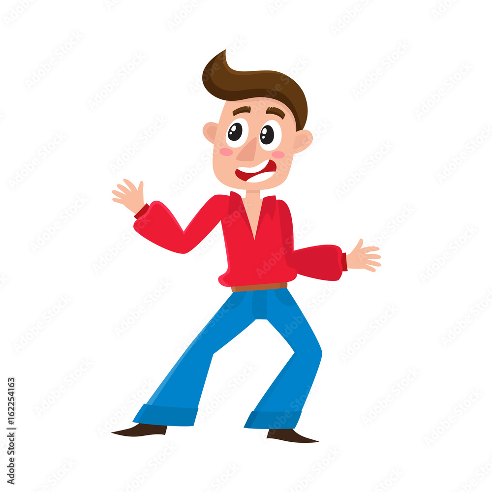Young man in retro bell-bottomed trousers dancing dicso, cartoon vector illustration isolated on white background. Young man, guy with forelock dancing at retro disco party in bell-bottomed pants Young man in retro bell-bottomed trousers dancing dicso, cartoon vector illustration isolated on white background. Young man, guy with forelock dancing at retro disco party in bell-bottomed pants