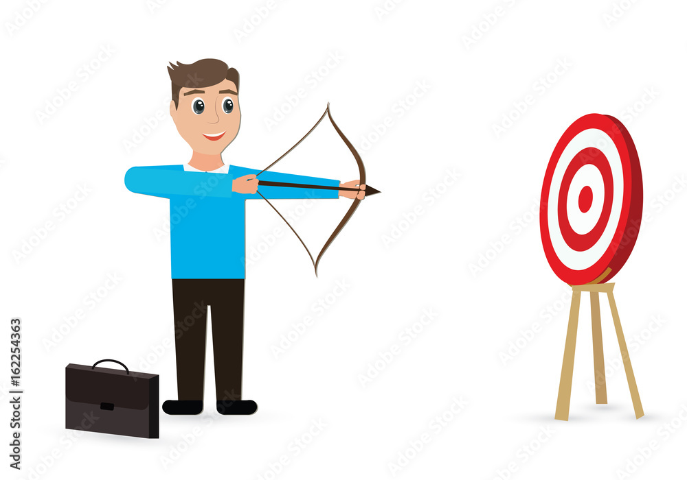 Cheerful businessman aiming target with bow and arrow vector Illustration Cheerful businessman aiming target with bow and arrow vector Illustration
