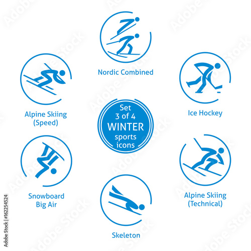 Winter sports icons set, 3 of 4, vector pictograms