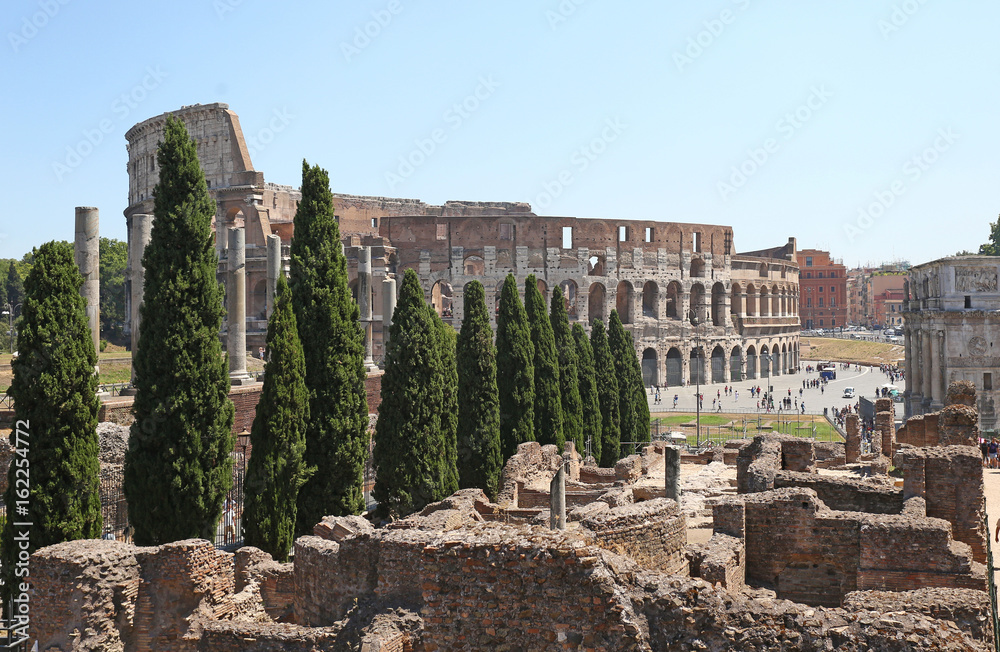 Fototapeta premium The Coliseum in Rome among the ruins and cypresses