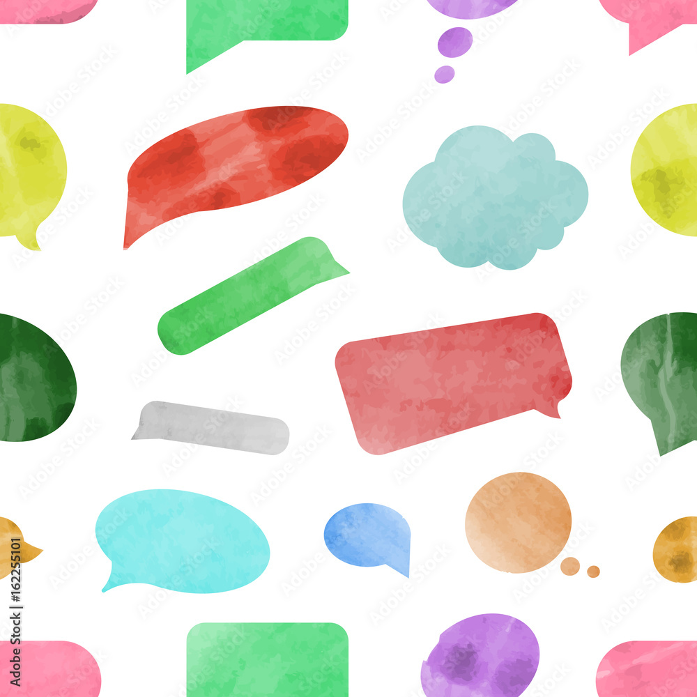 Vector seamless pattern of isolated speech bubbles on the white background in watercolor design. Concept of network, social media and messaging.