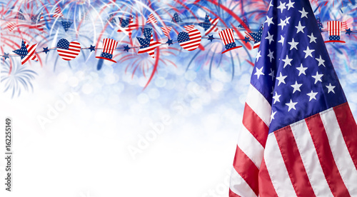 Fototapeta Naklejka Na Ścianę i Meble -  American flag and bokeh background with firework and copy space for 4 july independence day and other celebration