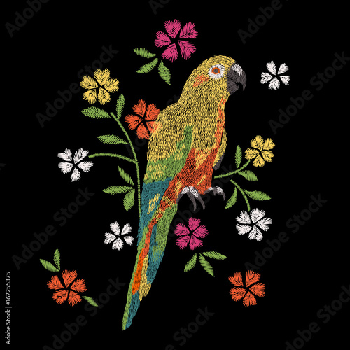 parrot and colorful flowers embroidery artwork design for fashion wearing, graphic bird design vector