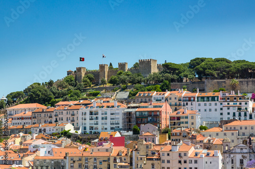Aerial view of roofs and castle of Alfama, the historic area of Lisbon