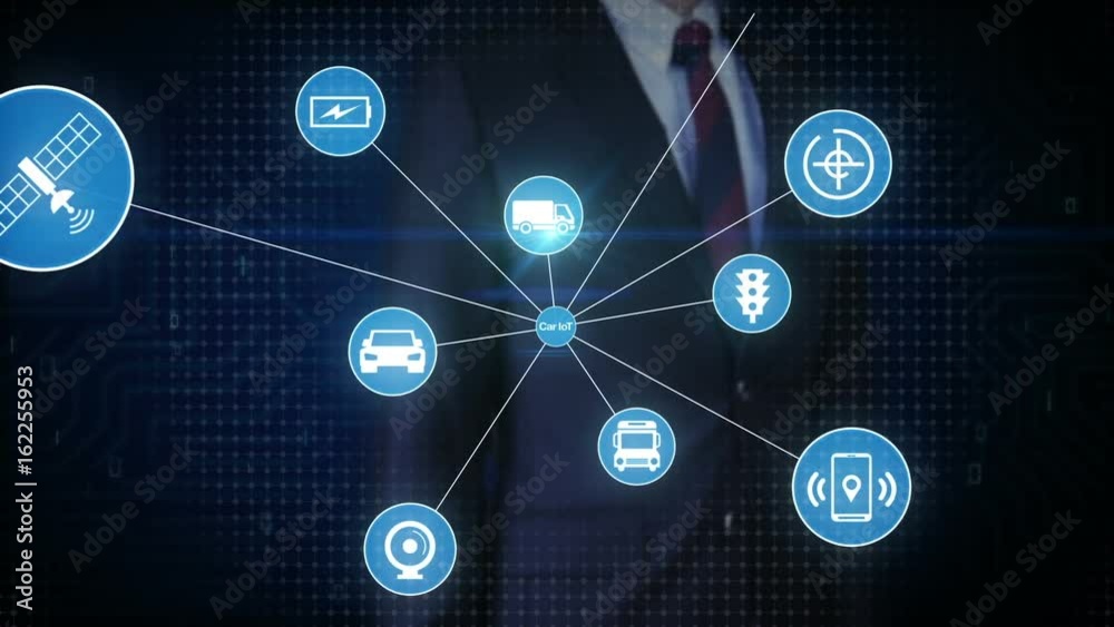 Businessman touching screen, Car internet of things technology icon connect global world map, dots makes world map.2. Businessman touching screen, Car internet of things technology icon connect global world map, dots makes world map.2.