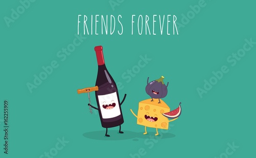 Vector cartoons of comic characters bottle of wine, glass of wine and cheese. Friends forever.
