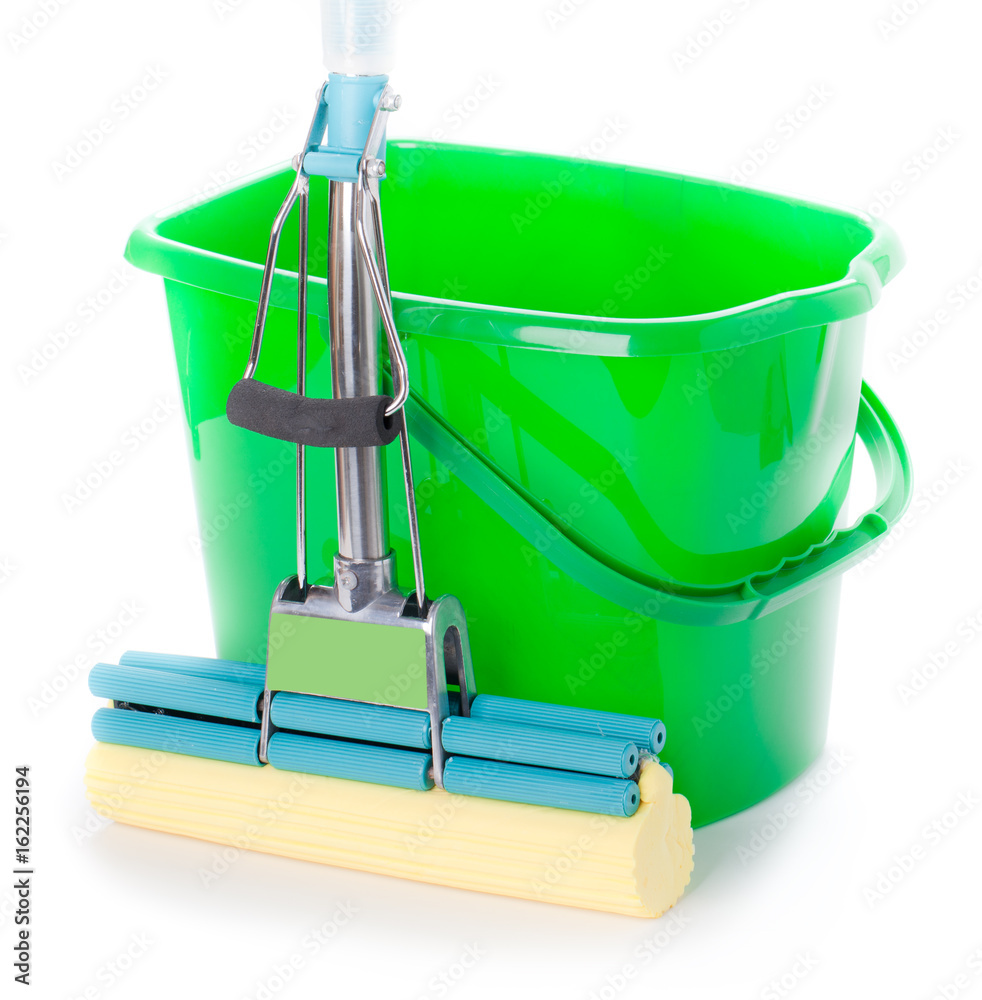 Green bucket and mop on a white background Stock Photo Adobe Stock