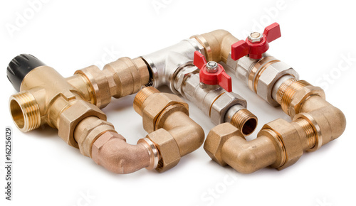 Set plumbing fittings, water tap and thermostaton, connection to the pipeline on a white background