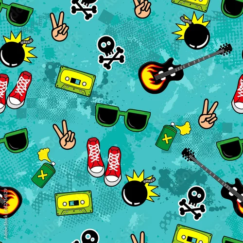 Tapety Śliczne dziecięce wzory dla dziewczynek i chłopców. Kolorowe obiekty młodzieżowe na abstrakcyjnym tle grunge tworzą zabawny rysunek kreskówki. Tło jest wykonane w neonowych kolorach. Tło miejskie dla tekstyliów i tkanin