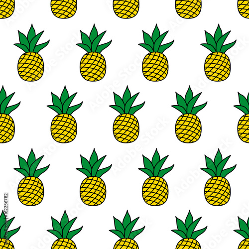 Seamless pattern with pineapples on black background. Cute vector background. Bright summer fruits illustration. Fruit mix design for fabric and decor.Funny wallpaper for textile and fabric.