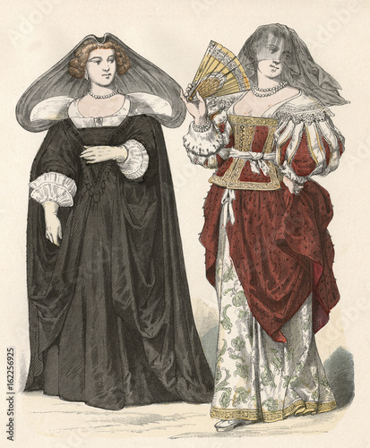 Women's Costume Mid 17th century. Date: mid 17th century