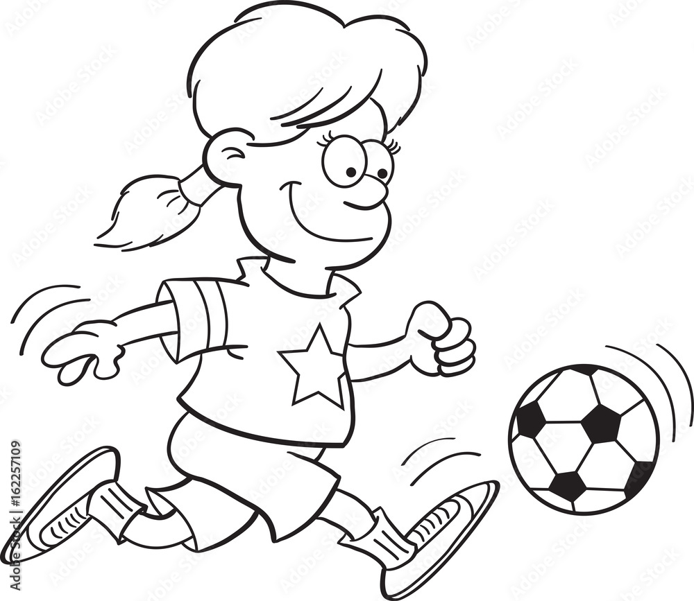 Black and white illustration of a girl kicking a soccer ball. Stock
